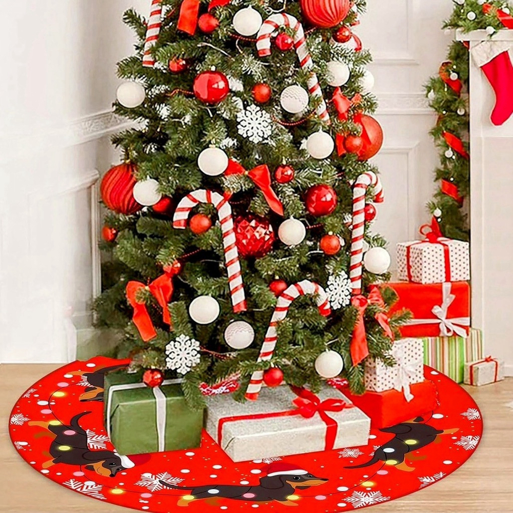 Dachshund Doxie Christmas Tree Skirt Dog Santa Hat Funny Tree Mat Red 48 inch - Picture 4 of 10